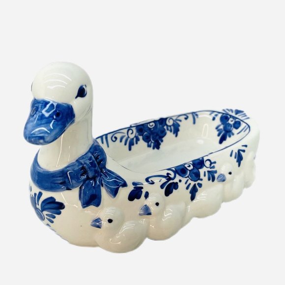 Delft Other - Vintage Hand Painted Delft Blue Duck & Ducklings Butter Dish Ceramic 1950s Dutch